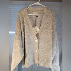Ava & Viv Light Gray Embellished V-Neck Button Cardigan